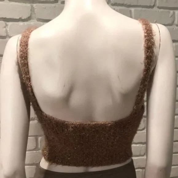 FUZZY BEIGE & TAN CROPPED GOLD METALLIC TANK SWEATER NWT - Picture 9 of 11